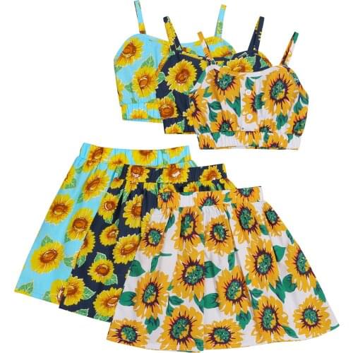 Baby Camisole+ Skirt, Sunflower Print Elastic Waist Navel Design A-line Version Summer Clothing 2-7T