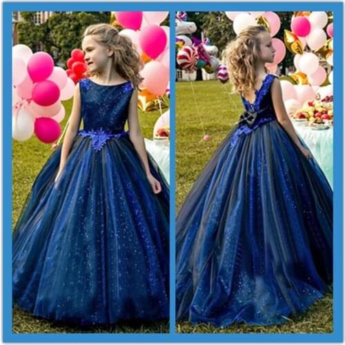 Childrens Elegant Dress 2021 Girls Bling Blue Wedding Dress Prom Evening Formal Bridesmaid Princess Dresses Children Clothing
