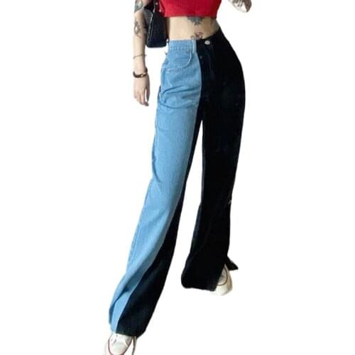 Patchwork High Waist Jeans Women Spring Fashion Side Buttons Split Wide Leg Jeans Woman Causal Loose Cowboy Trousers Streetwear