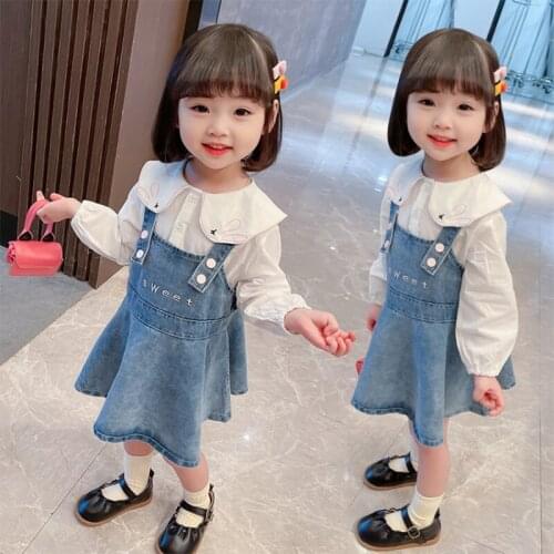 New Spring Baby Girls 2PCS Sets Fashion Long Sleevve Shirt Top + Strap Denim Skirt Suit Toddler Kids Girl Outfits Clothes