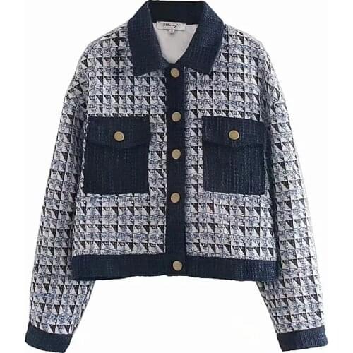 Womens Fashion Retro Blue Plaid Jacket Single-Breasted Elegant girl Chic Jacket Spring And Autumn New