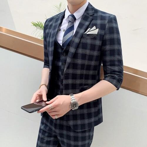 Jacket + Vest + Pants ) Summer Mens Half Sleeve Mariage Suit Fashion Male Slim Plaid Business Social Formal Groom Dress Terno
