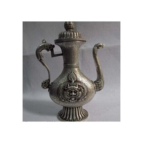 Copper Brass CHINESE crafts decoration Asian 13 Tibet classicality bronze silver-gilt foo dog rosefinch Dragon flagon stoup