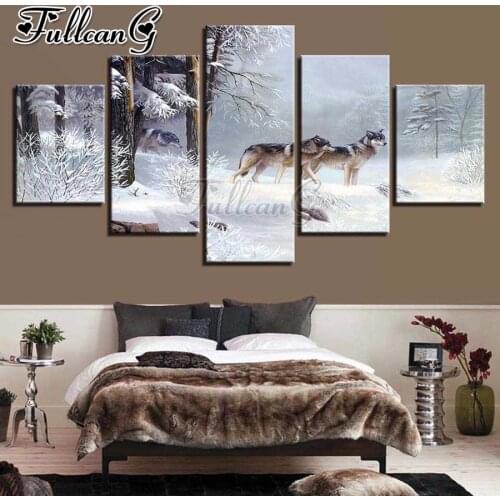 FULLCANG Snow wolf animal 5 piece diy diamond painting full square round drill mosaic embroidery sale home decoration FC2937