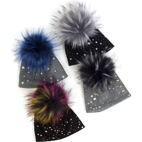 Newborn Cotton Gold Splatter Paint Ribbed Unisex Beanies Hats Baby Girls Cut Star Print Striped With Faux Fur Pom Pom Caps