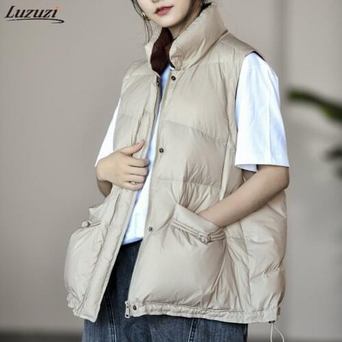 Luzuzi Winter Ultra Light White Duck Down Vest Women Single Breasted Women Warm Down Coat Sleeveless Loose Outwear Casual Jacket