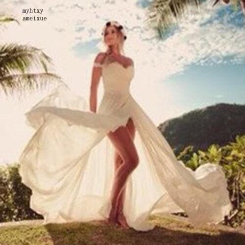 Sexy Beach Wedding Dress Off The Shoulder High Side Split Sweetheart Appliques A-line Simple Boho Bride Dress Wedding Gown 2020
