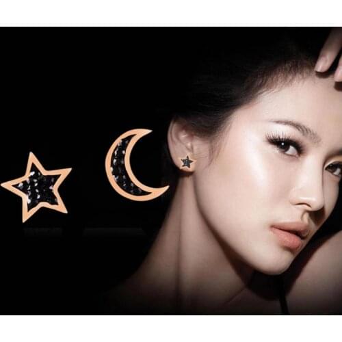 316L Stainless Steel Stars Moon Black Rhinestone Stud Earring For Women Fashion Fine Jewelry Birthday Party Gifts SAN613