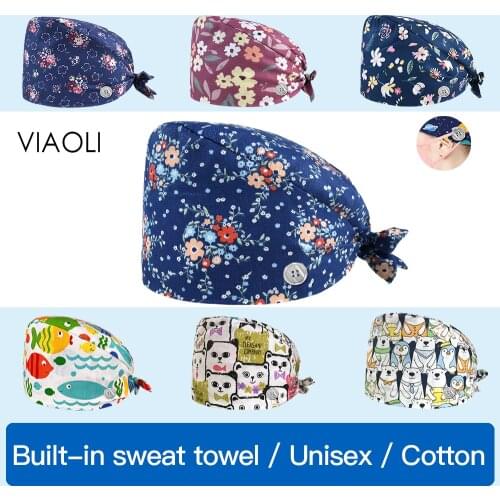 Breathable cotton Floral Animal printing Adjustable Scrubs Cap beauty pet work cap dust hat Scrub Cap Elastic size Hat Women