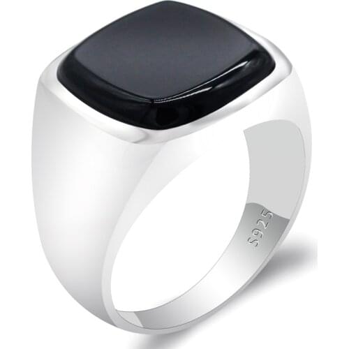 Turkish Ring for Men 925 Sterling Silver Black Onyx Square Natural Stone Rings Simple Classic Signet Jewelry to Male Women Gift