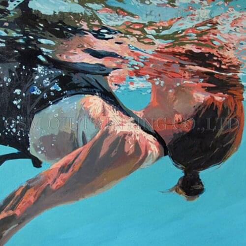 Unique Design Handmade Swimming Oil Painting on Canvas Light Colors Modern Abstract Lady Diving Oil Painting for Living Room