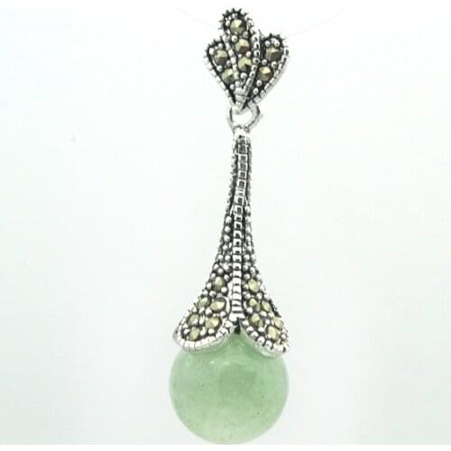 Vintage Natural Light Green JADE Beads 925 Sterling Silver Marcasite Pendant