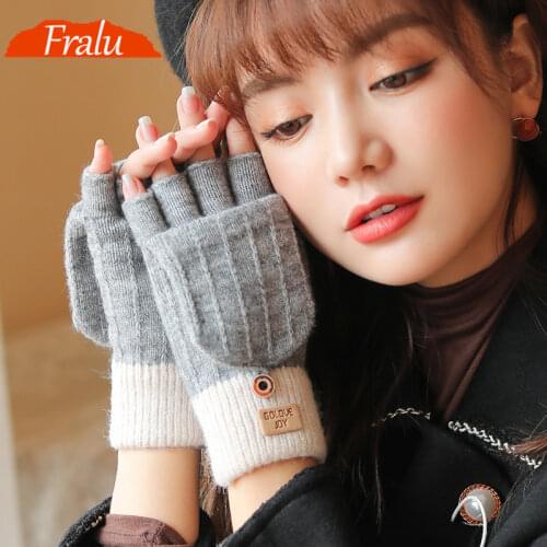 Dropshipping autumn and winter knitted gloves ladies outdoor windproof warmth fingerless flip cover all-match woolen gloves