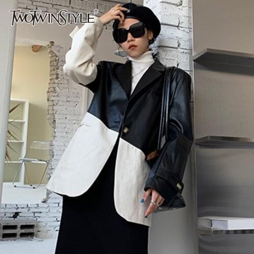 TWOTWINSTYLE Patchwork Colorblock Blazer Coats For Female Lapel Collar Long Sleeve High Waist Loose Womens Coat Fashion New