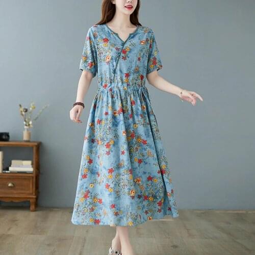 Thin Soft Cotton Linen Print Floral Prairie Chic Vintage Dress 2021 New Loose Women Casual Summer Dress Office Lady Work Dress