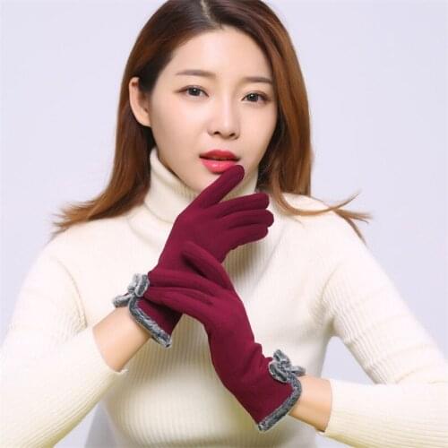 YRRETY Winter Ladies Elegant Gloves Touched Screen Rabbit Fur Driver Wool Adult Female Warm Cashmere Bow Full Finger Mittens