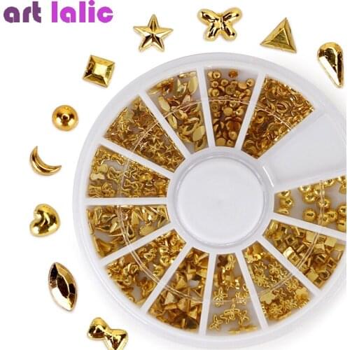 1 Wheel 3D Golden Heart Star Moon Rivet Nail Studs DIY Metal Mixed Triangle Square Manicure Tips Nail Art Decorations