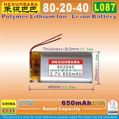 2pcs [L087] 3.7V 680mAh [802040] PLIB ; polymer lithium ion / Li-ion battery for power bank,record pen,mp4;cell phone,mp3,mp5