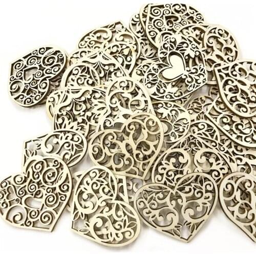 50PCS Heart Wooden Embellishments Crafts Hanging Ornament for Wedding Valentines Day Gift Wood DIY Crafts Wooden Ornaments