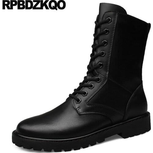 Combat Army High Quality 2018 Fall Tall Genuine Leather Designer Full Grain Boots Mid Calf Shoes Lace Up Military Male Black Men