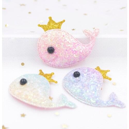 5CM Shiny Gradient Iridescence Fabric Padded Patches Kawaii Crown Stick-on Whale Appliques for DIY Hair Clip Bow Accessories S06