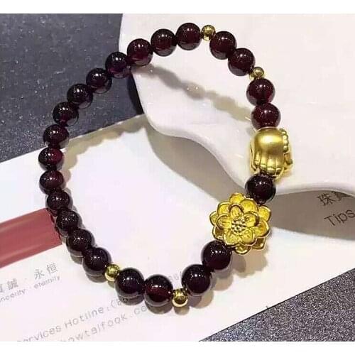 Pure 24K Yellow gold Lotus Buddha Hand Garnet Elastic Line Bracelet