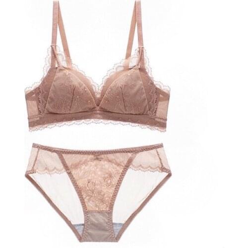 Sexy French Bra Set for Women Without Rims, Big Breasts and Small Embroidered Lace Underwear for Girls