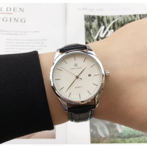 PABLO RAEZ 100% Leather Casual Watch Men Brand New Quartz Wristwatch Simple Waterpoor Calendar Man Watch Luxury Watches Hot sell