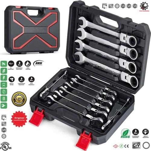 12pcs Flex-Head Ratcheting Wrench Set,Metric 8-19mm,Combination Ended Spanner kits,Chrome Vanadium Steel Combination Wrench set
