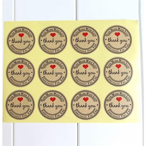 HOT 12/60/120PCS Custom Round Labels Paper Bag Kraft Thank You Stickers Thank You Red Love Self-adhesive Stickers Garment Labels