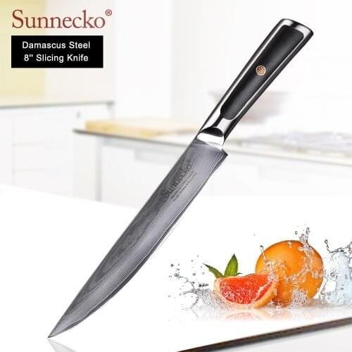 SUNNECKO 8 Inch Slicing Knife Damascus Kitchen Knives Japanese VG10 Core Steel Blade G10 Handle Sharp Meat Slicer Cutter Knife