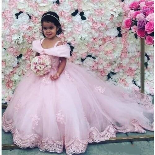 Lovely Blush Pink Flower Girls Dresses For Wedding Ruched Sleeves Lace Applique Birthday Party Girls Pageant Dress