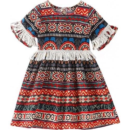 Infant Kids Baby Girls Boho Colorful Dress Flare Shortsleeve Gown Princess Tassels Summer Sundress