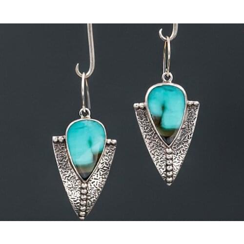 Vintage Water Drop Resin Blue Stone Earrings Boho Tribal Geometric Triangle Antique Metal Hook Dangle Earrings for Women