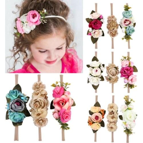 3Pcs/Set Baby Girl Fashion Artificial Flower Elastic Headband Hair Band Infant Toddler Rose Flower Headwear Hair Accessories