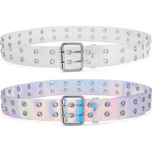 Double Grommet Belt Punk Studded Eyelet Leather Holographic Transparent Belt For Men Women Hot Brand Fashion Punk O Ring