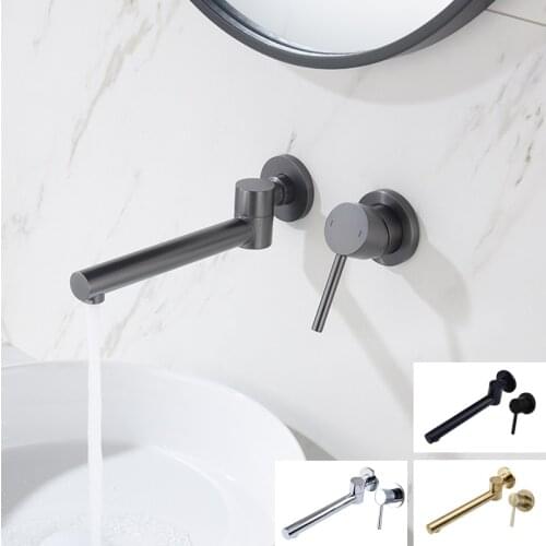 Solid Brass Washbasin Faucet Wall Mounted Single Handle Bathroom Sink Hot and Cold Water Mixer Tap Swivel Spout Basin Faucet