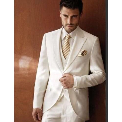 White Peaked Lapel Groom Tuxedos Jacket Vest Pants 3 Pieces Men Suits Custom Made Formal Business Wedding Prom Party terno Suit