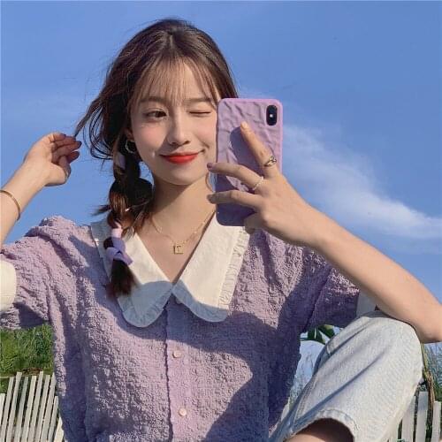 Top Womens t-shirts summer shirt solid color short stitching loose shirt top harajukuPOLO lapel puff sleeve y2k woman tshirt