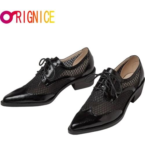 Orignice Classic Style Women Pumps Black Beige Pointed Toe Square Heels Cow Genuine Mesh Lace Up Office Career Leisure Shoes