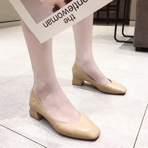 Med Heel Soft Leather Shoes Women Square Toe Pumps Slip On Square Heel Daily Work All Match Cozy Female Shoes
