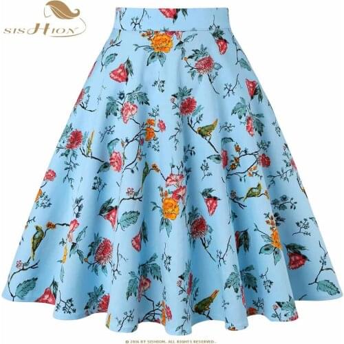 SISHION Cotton Women Skirt 2021 New VD0020 Birds Floral Print Light Blue Black Red Skater Vintage Swing A Line Skirt