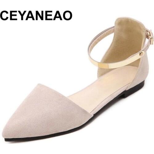 CEYANEAO Womens Pointed Toe Ballet Shoes with Metal Ankle Strap Loafers Womens Flat Shoes Buckle Flat Sandals dropshipping