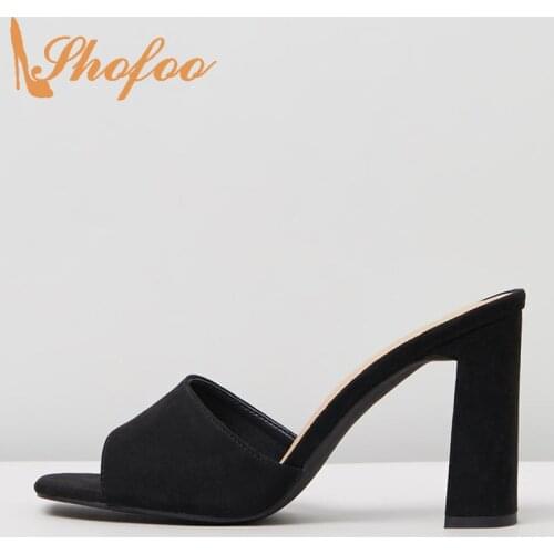Black Thick Heels Sandals Woman Mules Open Toe Flock Slippers Large Size 11 16 For Ladies Summer Shoes Fashion Holiday Shofoo