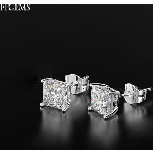 100% 925 Silver Sterling Created Moissanite Cubic Zircon Stud Earring Square Cut Fine Jewelry For Women Wedding Gift Wholesale