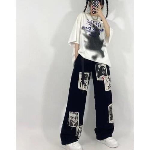 2021 Grunge Punk Patchwork Black Jeans Women Hip Hop Streetwear Print Retro Oversize Wide Leg Trousers Vintage y2k Fashion Pants