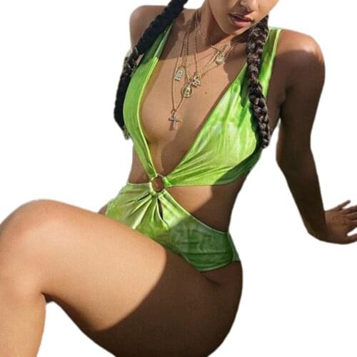 Womens One-piece Gradients Color Swimsuit Split Style Deep V-Neck Ring Buckle Connect Backless Triangle Swimwear