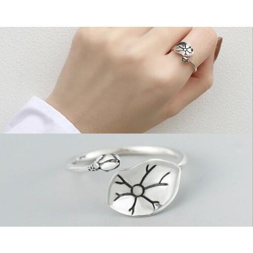 New fashion s925 sterling s-ilver ring female Thai s-ilver retro ring opening lotus leaf s-ilver ring couple gift
