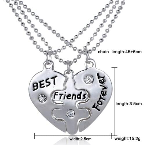 2016 Hot Selling diamante 3pcs/ Set friendship bff best friends gift heart shape pendant necklace Jewelry For Women and Men