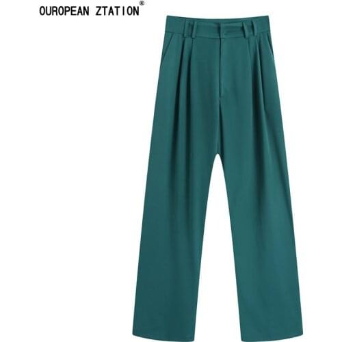 2021 Women Fashion Elegant Solid color high-waist trousers Retro casual office straight-leg side pockets zip fly female pants